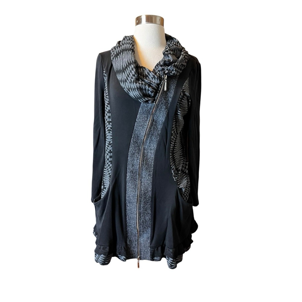 The Pyramid Collection Jacket S Black Tunic Shawl Neck Boho Artsy Full Zip